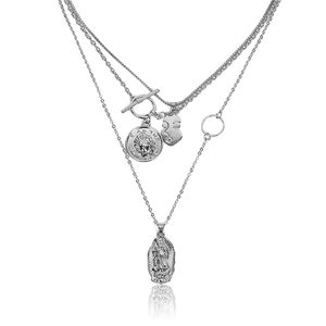 Silver Coin Layered Pendant Necklace Chain Face Head